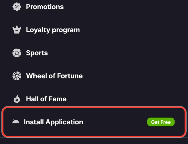 Menupunktet Install Application til Verde casino download på Android